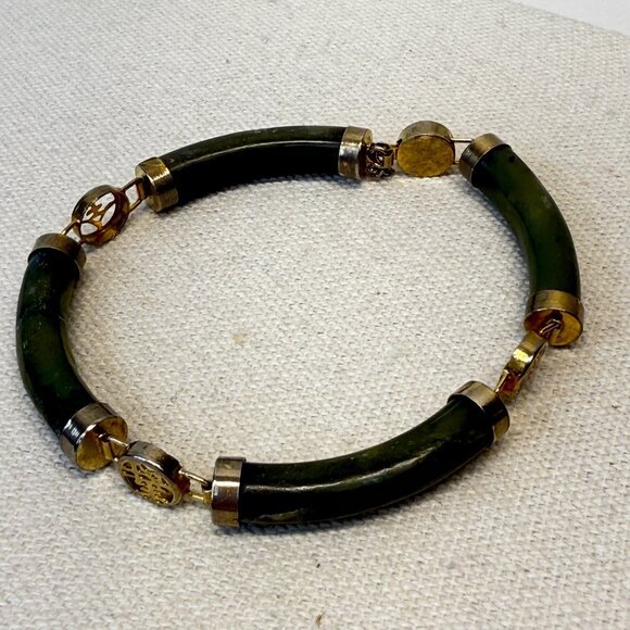 Nephrite Jade Circular Panel Bracelet Vintage Gold-Tone Chinese Symbols - Picture 7 of 10